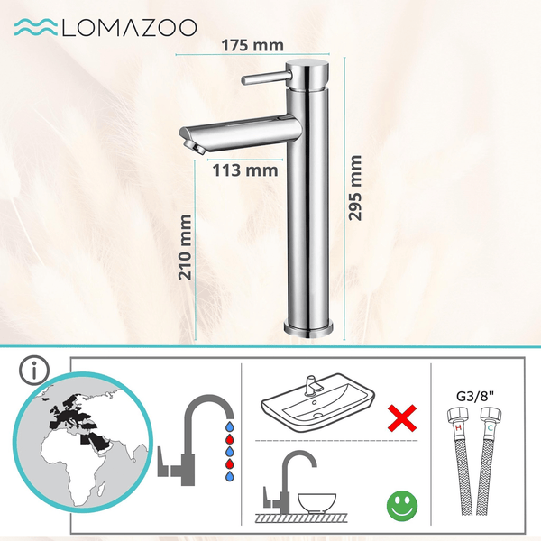 Lomazoo Waschtischarmatur in hoher Ausführung mit Maßangaben und Installationshinweisen für Aufsatzwaschbecken und flexible Anschlussschläuche.