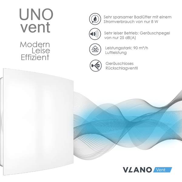 UNO Vent Badlüfter mit einer Luftleistung von 90 Kubikmeter pro Stunde und geräuschlosem Rückschlagventil
