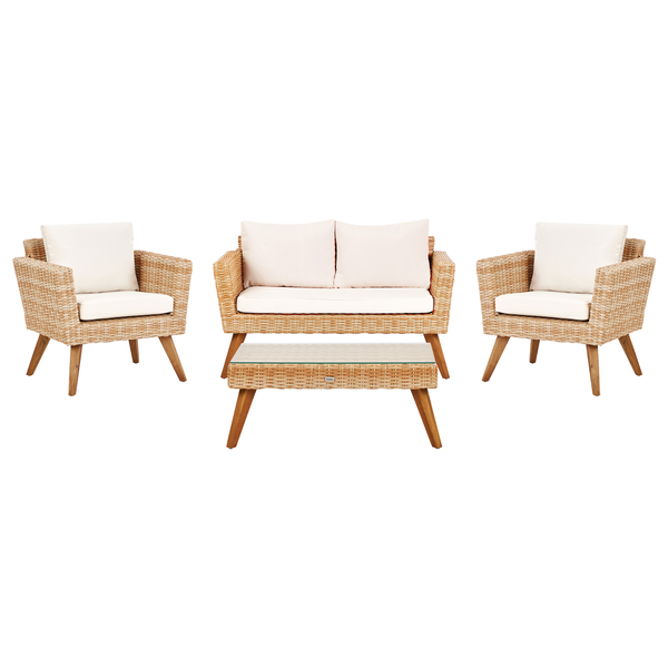 Gartenmöbel-Set aus Rattan mit zwei Sesseln, einer Bank und einem Tisch