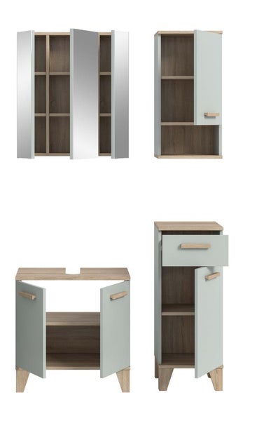 Badezimmermöbel Set bestehend aus Spiegelschrank, Hängeschrank, Waschtischunterschrank und Seitenschrank in Holzoptik mit matten Fronten.