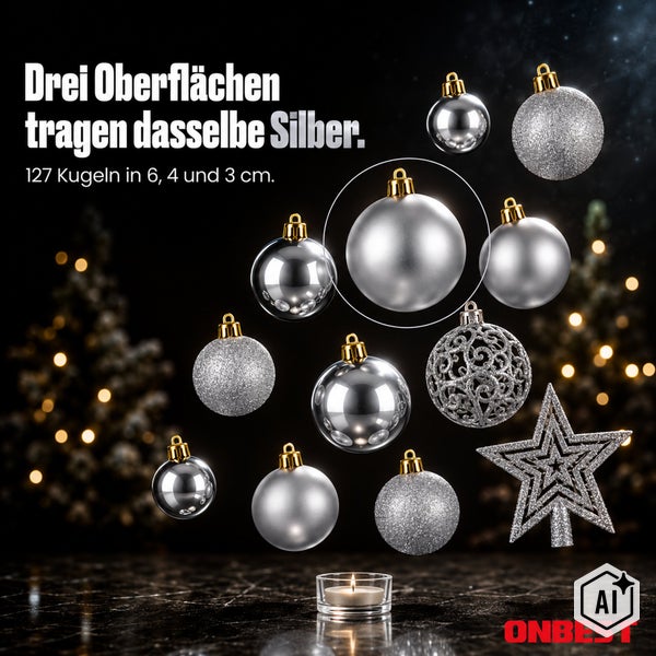 Set aus 127 silbernen Weihnachtskugeln in verschiedenen Oberflächen und Größen von 3 bis 6 Zentimetern inklusive Weihnachtsbaumspitze.