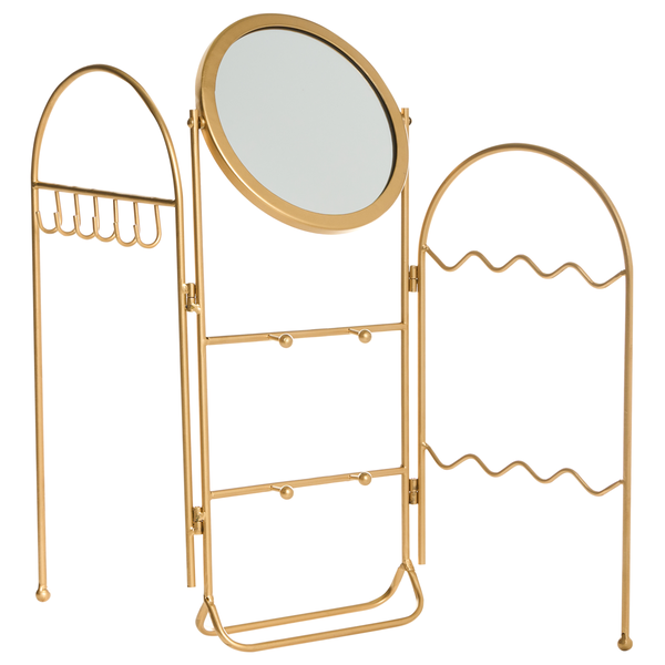 Goldfarbener Schmuckständer mit Spiegel und Aufhängemöglichkeiten
