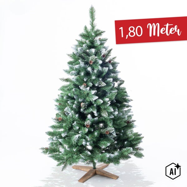 Künstlicher Weihnachtsbaum mit einer Höhe von 1,80 Meter und Tannenzapfen auf einem Holzständer