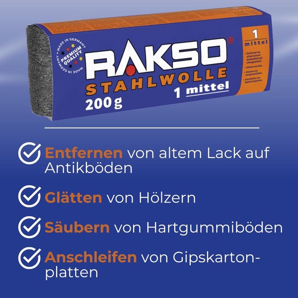 Rakso Stahlwolle Sorte 1 mittel, 200 Gramm, zum Entfernen von altem Lack, Glätten von Holz, Säubern von Hartgummi und Anschleifen von Gipskarton.
