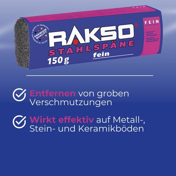Rakso Stahlspäne fein 150 Gramm zur Entfernung von groben Verschmutzungen auf Metallböden, Steinböden und Keramikböden.