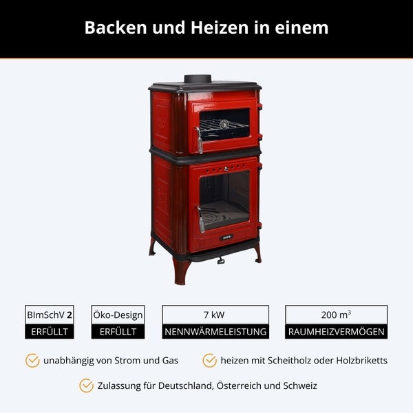Kaminofen mit Backfach, 7 Kilowatt, 200 Kubikmeter Raumheizvermögen, erfüllt BImSchV 2 und Ökodesign, für Scheitholz und Holzbriketts.