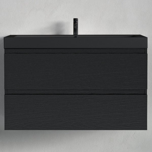 Wandhängender Waschbeckenunterschrank mit zwei Schubladen, integriertem Waschbecken und Armatur, schwarze Holzoptik.