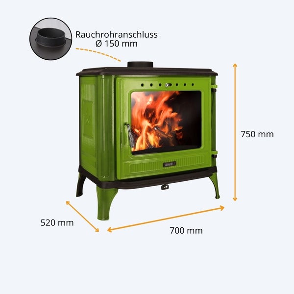 Grüner Kaminofen, Maße 750 mal 700 mal 520 Millimeter, Rauchrohranschluss Durchmesser 150 Millimeter.