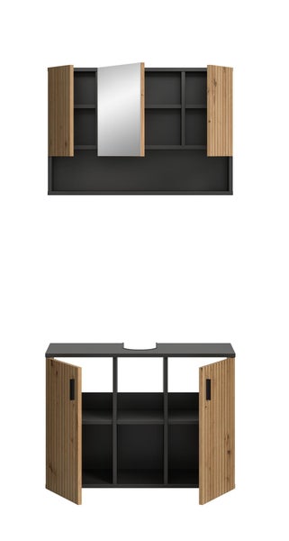 Badezimmermöbel-Set aus Spiegelschrank und Waschbeckenunterschrank in Anthrazit mit Holzoptik-Lamellentüren, geöffnete Ansicht mit Innenfächern.
