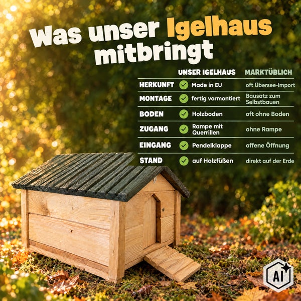 Explosionszeichnung eines Igelhauses aus Holz mit Satteldach, Trennwand, Pendelklappe, Holzboden und Rampe in der Einzelteilansicht.