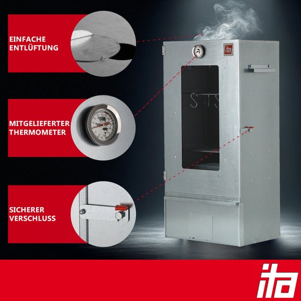 Räucherofen aus verzinktem Stahl mit Sichtfenster, Belüftungsschieber, integriertem Thermometer und sicherem Türverschluss. ita Logo.