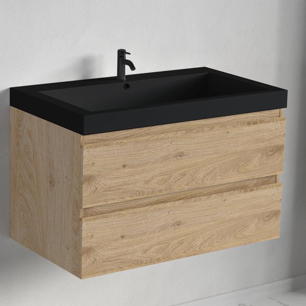 Moderner wandhängender Waschtischunterschrank in Eichenoptik mit zwei Schubladen, schwarzem Waschbecken und schwarzer Armatur.