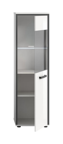 Schmaler Vitrinenschrank in Weiß und Grau mit Glasfront, integrierter LED-Beleuchtung und Einlegeböden.