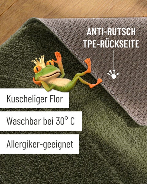 Badteppich mit weichem Flor, rutschhemmender TPE-Rückseite, waschbar bei 30 Grad und für Allergiker geeignet.