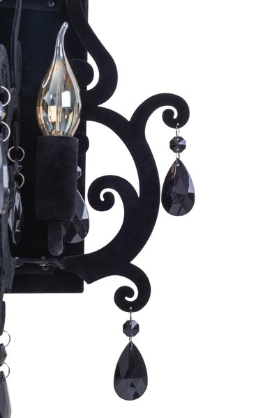 Schwarze Wandleuchte mit Kristallanhängern und Glühbirne