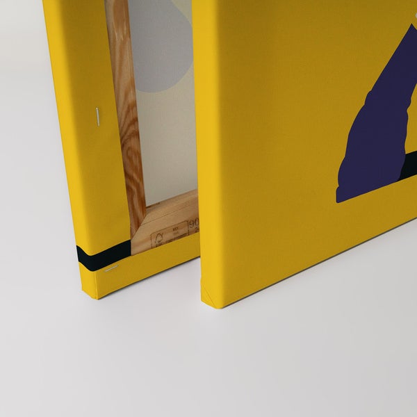 Detailansicht einer gelben Leinwand mit Holzrahmen