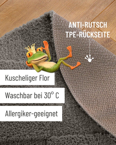 Grauer Teppich mit weichem Flor und rutschhemmender Rückseite, waschbar bei 30 Grad Celsius und für Allergiker geeignet.