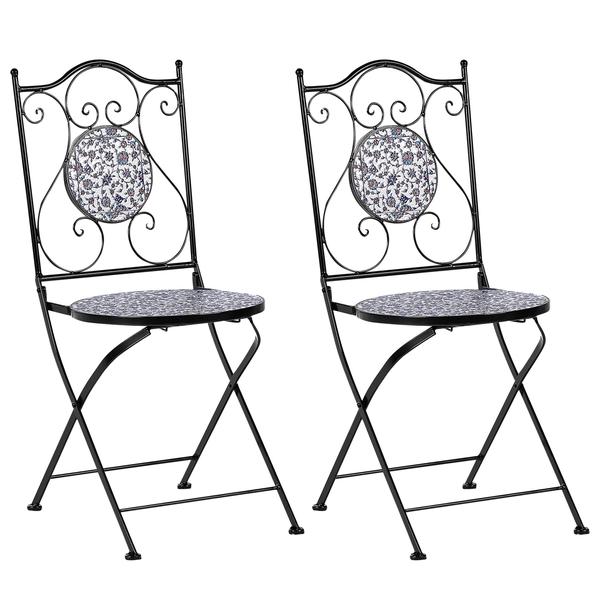 Zwei Gartenstühle mit Mosaikmuster und klappbarem Metallgestell
