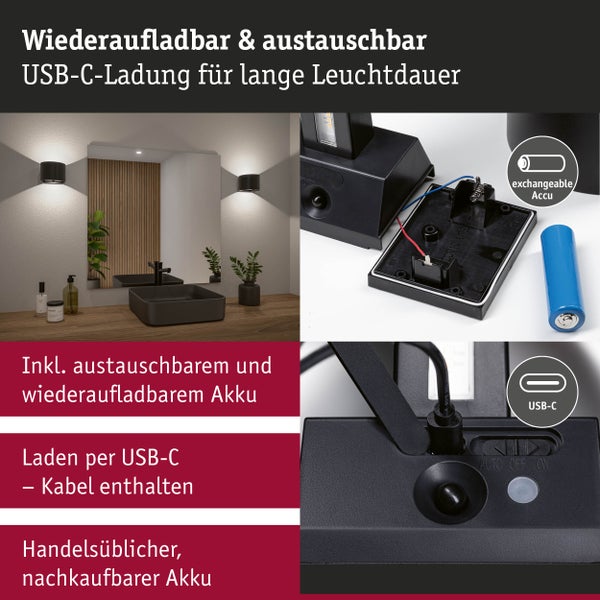 Lieferumfang einer zylindrischen LED Wandleuchte mit Akku, Klebepad und USB Ladekabel, inklusive technischer Maßangaben und Produktdetails.