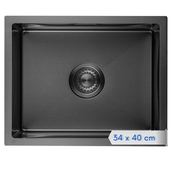 Rechteckiges Edelstahlspülbecken mit Ablaufventil, Abmessungen 34 mal 40 Zentimeter.