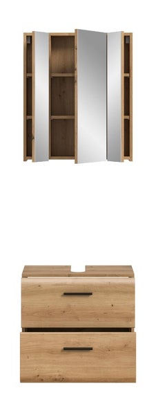 Spiegelschrank mit drei Türen und Waschbeckenunterschrank mit zwei Schubladen in Holzoptik mit Metallgriffen.