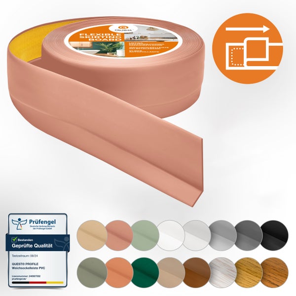 Quest flexible Weichsockelleiste aus PVC, selbstklebend, auf Rolle, mit Montageanleitung und Prüfsiegel für geprüfte Qualität