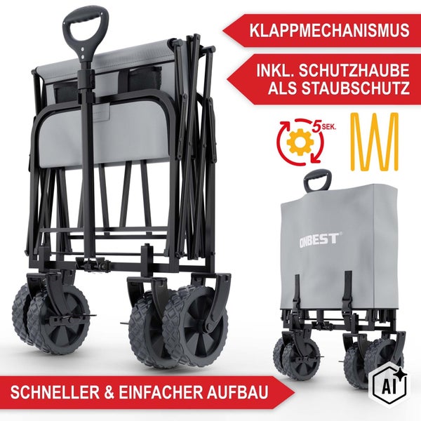 Zusammenklappbarer Bollerwagen von Onbest mit Schutzhaube, leicht transportierbar und schnell aufgebaut.
