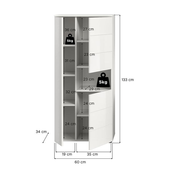 Vira Badschrank 3 Türen 1 Fach weiß Hochglanz, weiß. 60 X 34 X 133 cm