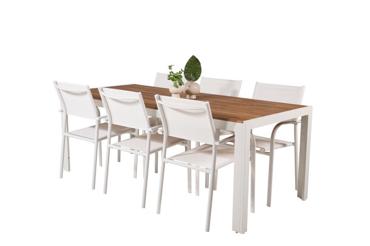 Bois Gartenset Tisch 90x205cm und 6 Stühle Santorini weiß, natur. 90 X 205 X 76 cm