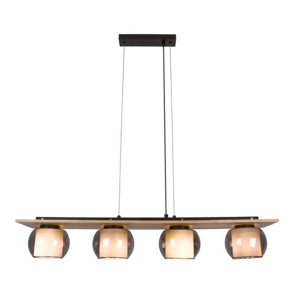 Hängeleuchte mit vier Leuchten unter Holzpaneel
