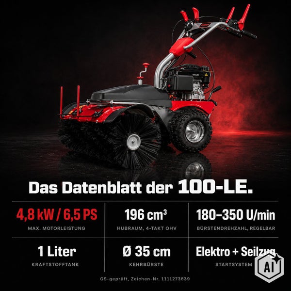 Benzin Kehrmaschine 100-LE mit 4,8 Kilowatt Motorleistung, 196 Kubikzentimeter Hubraum, regelbarer Bürstendrehzahl und Elektrostart.