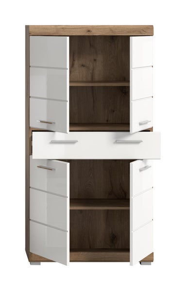 Highboard in dunkler Holzoptik mit weißen Hochglanzfronten, vier geöffnete Türen und eine ausgezogene Schublade mit Metallgriffen.