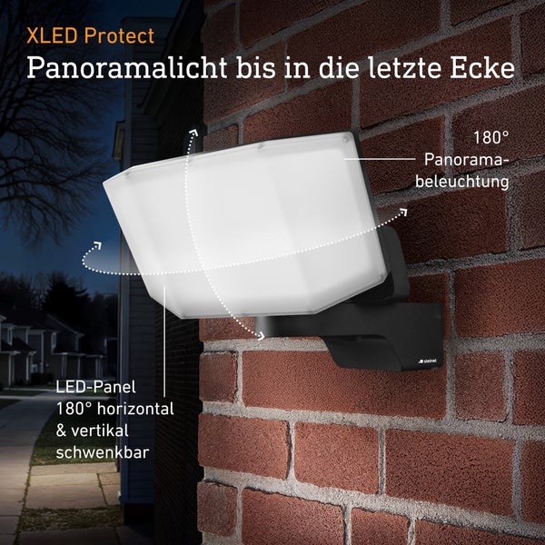 LED-Außenstrahler an einer Ziegelwand mit 180 Grad schwenkbarem LED-Panel für Panoramabeleuchtung.