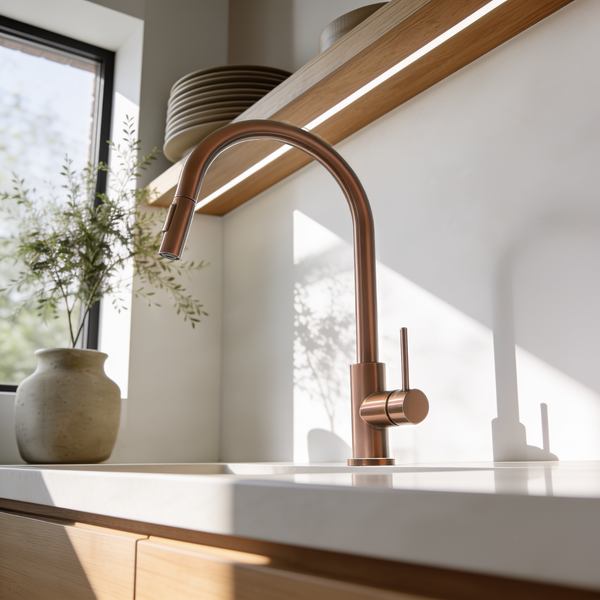 Moderne Küchenarmatur in Kupferoptik mit ausziehbarem Auslauf auf einer hellen Spüle in einer Küche mit Holzregal und Pflanze.