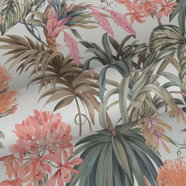 Sanders und Sanders Tapete tropische Blätter Graugrün und Orange - 53 cm x 10,05 m - 640735