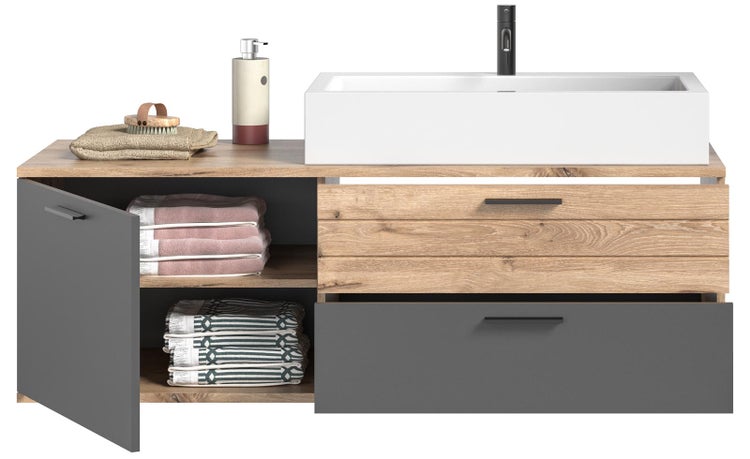 Mason Waschbeckenunterschrank 140cm 1 Tür, 2 Schubladen grau,Eiche dekor. 140 X 46 X 62 cm