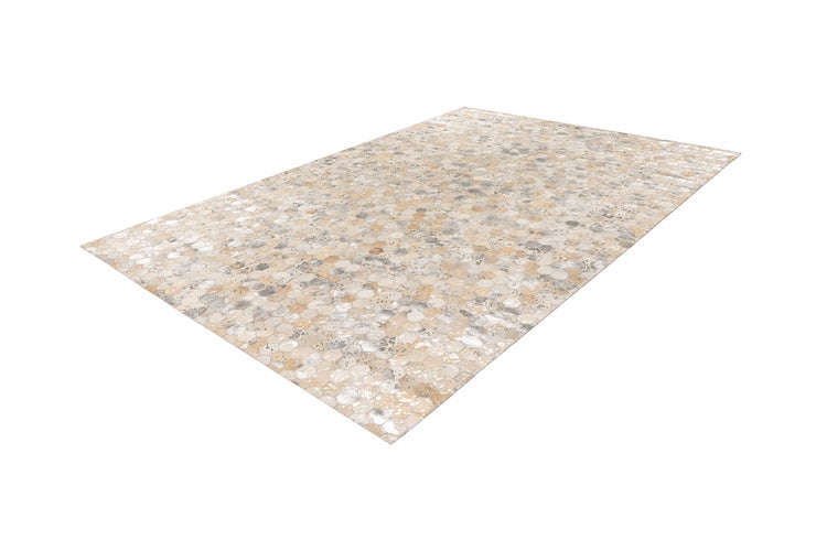 Rechteckiger Teppich mit sechseckigem Patchwork-Muster in Fell-Optik.