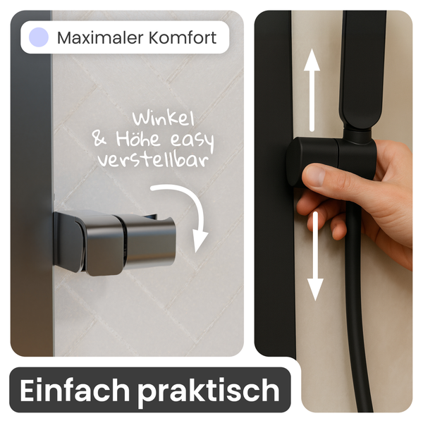 Brausehalterung an einer Duschstange, in der Höhe und im Winkel verstellbar.