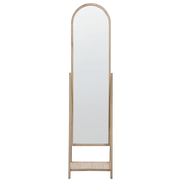 Standspiegel mit Bogenform und Holzrahmen inklusive kleiner Ablage unten