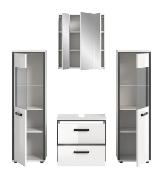 Badezimmermöbel-Set in Weiß und Grau mit Waschbeckenunterschrank, Spiegelschrank und zwei Hochschränken.