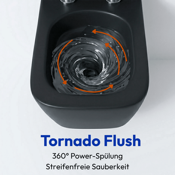 Draufsicht auf eine WC Innenbecken mit Tornado Flush Spültechnik und kreisförmiger Wasserbewegung zur gründlichen Reinigung.