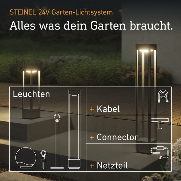 Steinel 24 Volt Garten-Lichtsystem inklusive moderner Wegeleuchten, Kabel, Connector und Netzteil in einem nächtlichen Garten.