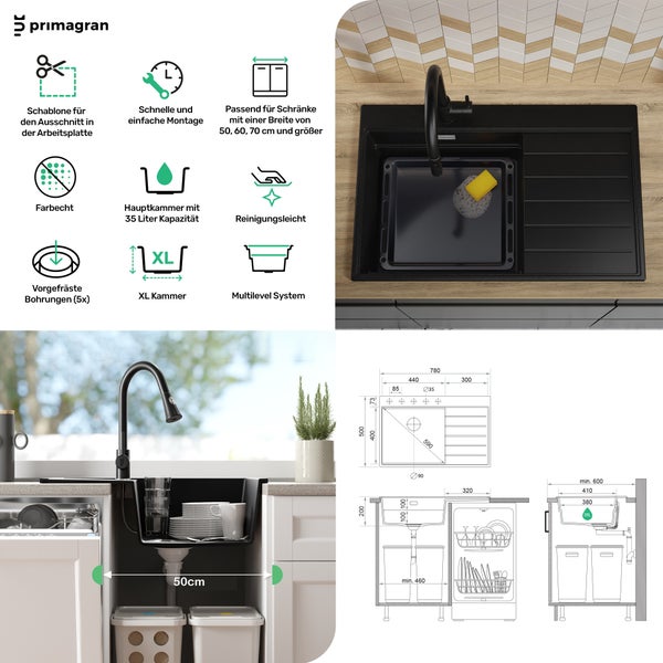 Primagran Spüle mit Eigenschaften und Maßangaben für den Einbau in der Küche