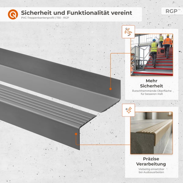 Rutschhemmendes PVC-Treppenkantenprofil für Sicherheit auf Treppenstufen bei Ausbauarbeiten und im Industriebereich.