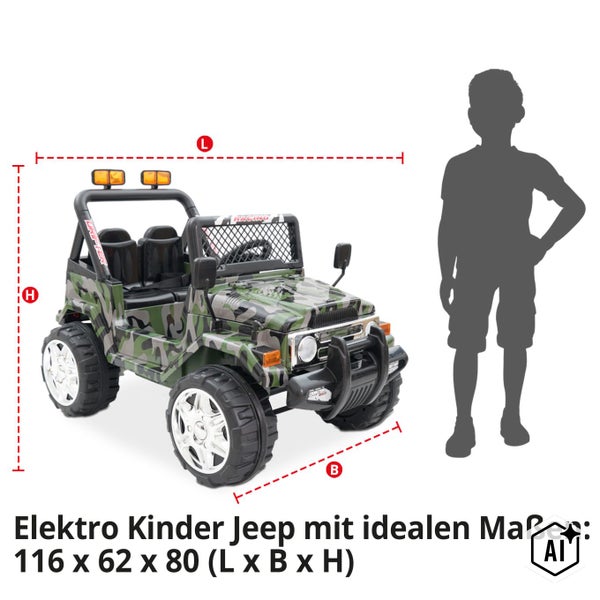Elektro Kinderfahrzeug Geländewagen im Camouflage Design mit einer maximalen Tragkraft von 30 Kilogramm