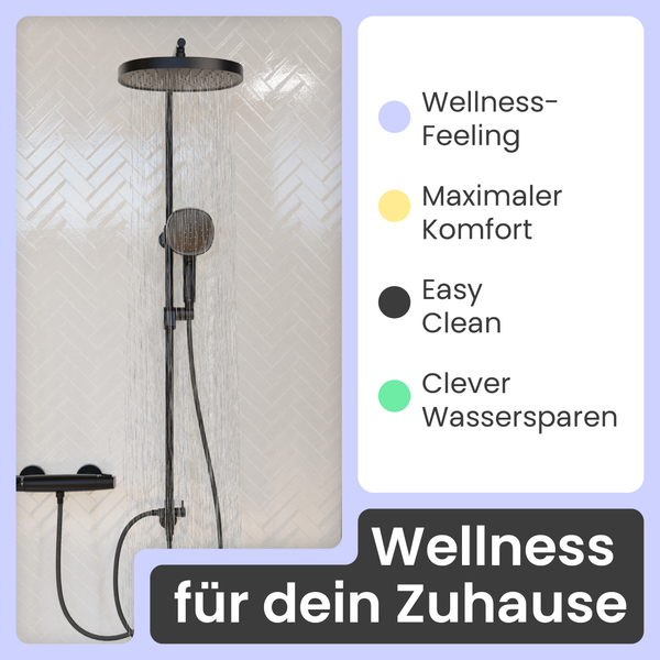 Schwarzes Duschsystem mit Regenduschkopf, Handbrause und Armatur, bietet maximalen Komfort, einfache Reinigung und clevere Wassersparfunktionen.