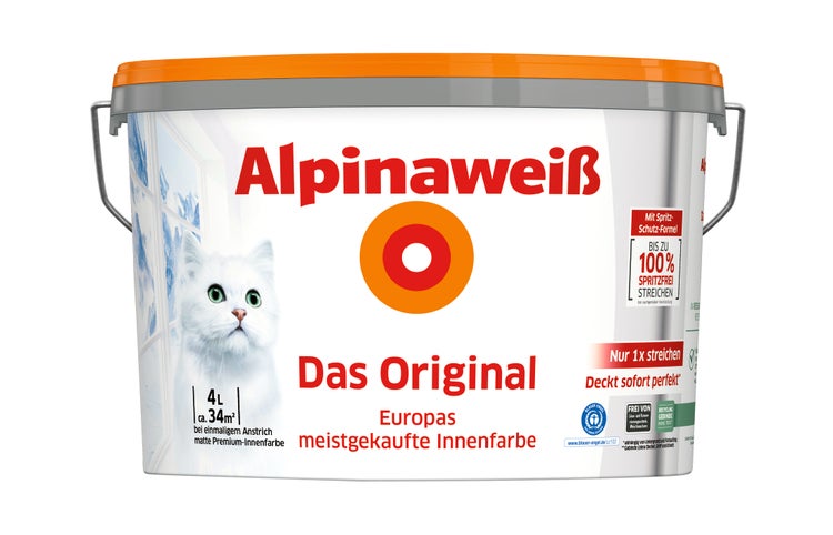 Eimer Alpinawweiss Premium Innenfarbe vier Liter für circa vierunddreissig Quadratmeter mit Blauer Engel Siegel