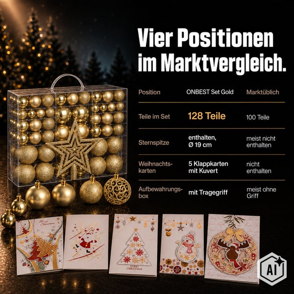Weihnachtsbaumkugel Set mit 128 Teilen inklusive Sternspitze, Weihnachtskarten und transparenter Aufbewahrungsbox mit Tragegriff im Marktvergleich.