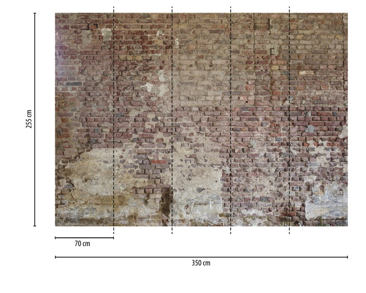 Fototapete mit Backsteinmauer-Motiv, Maße 350 mal 255 Zentimeter, einzelne Bahnen 70 Zentimeter breit.