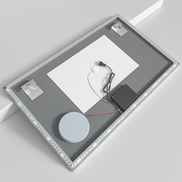 Rückseite eines rechteckigen Badezimmerspiegels mit LED Beleuchtung, Stromkabel und Wandaufhängungen.